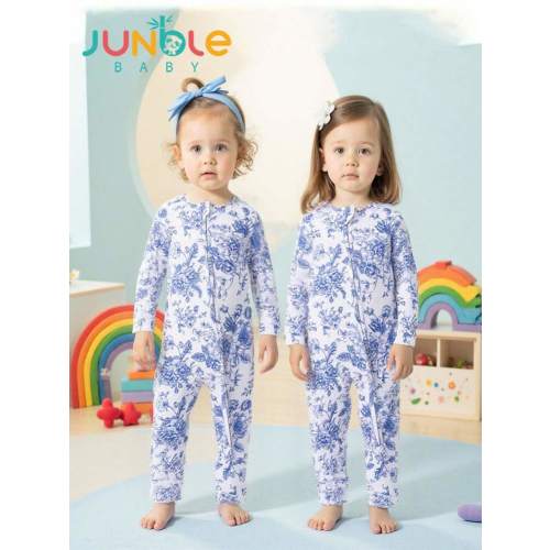Junblebaby- Bamboo Fiber Ribbed Striped Baby Jumpsuit, French Pink And Blue Rose Line Flowers, Hummingbird, Butterfly Patterns, With Folding Foot Covers - Double Zipper, All-Season Long-Sleeved Jumpsuit, Comfortable And Well-Fitting, Easy To Change Diaper