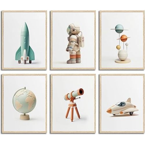 6pcs Nursery Astronaut Canvas Wall Art Boys Room Space Wall Decor Pictures Rocket Spaceman Earth Posters Prints for Classroom Toddler Boys Room Playroom Decoration Unframed
