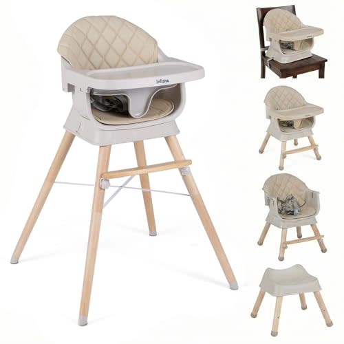 INFANS Baby High Chair, 6 in 1 Wooden Convertible Highchair for Babies and Toddlers, Infant Dining Booster Seat Kids Stool with Adjustable Removable Tray (Beige)