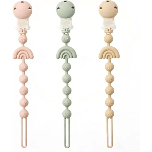 Baby Pacifier Clips One Piece Binky Clip Holder Silicone Teether Clip Pacifier Straps with Clip Baby Teether Toys for Boys and Girls Set of 3 Andy Bear-Ivory+Sage+Blush