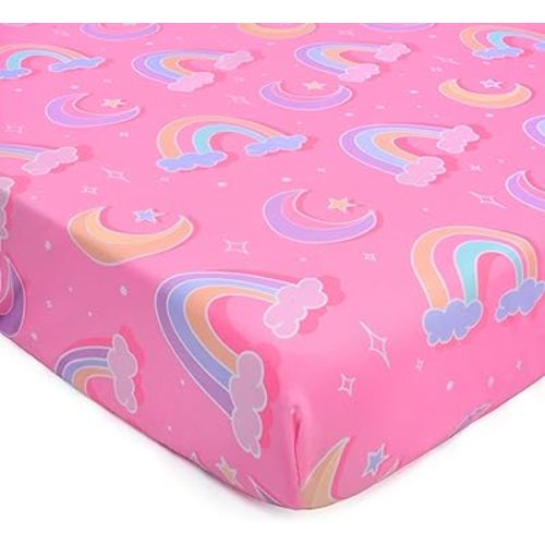 JISEN Baby Crib Sheets Soft Breathable Pink Rainbows Fitted Crib Sheets Baby Sheet for Standard Crib and Toddler Mattress Baby Bed Sheets for Crib for Baby Boys Girls Neutral 52x28 Inch