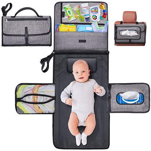 Gimars Large Capacity 6 Pockets Baby Portable Changing Pads, Waterproof & Easily Cleanable Detachable Travel Portable Diaper Changing mat, Baby Shower Gifts, Newborns Essentials - GreyA