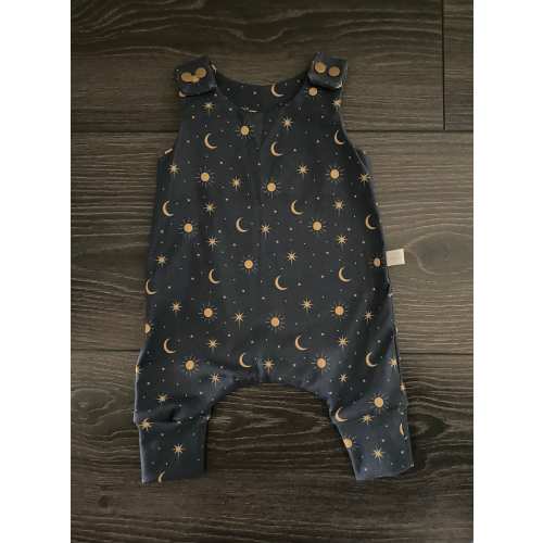 Organic Baby Harem Romper: Navy Celestial Moon & Stars