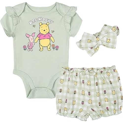 Disney Baby Girls Bodysuit, French Terry Bubble Shorts & Headband 3 Piece Outfit Set Newborn to Infant Sizes (0-24 Months)