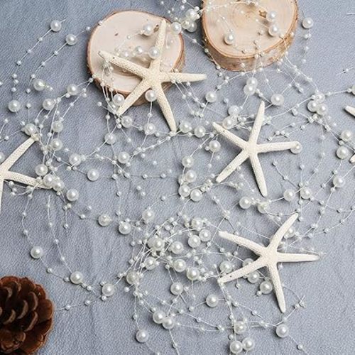 Beach Beaded Starfish Garland Christmas Decorations 2M/80Inch White Beaded Garland with 6PCS Natural Starfish for Christmas Tree Ornaments Beach Mermaid Party Home Decoration