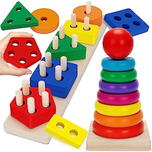 Aigybobo Montessori Toys for 1 Year Old, Baby Toy 12-18 Months, Wooden Shape Sorting & Ring Stacking Toys for Toddlers and Kids Preschool, Ideal Gift for Boys Girls 1 2 3