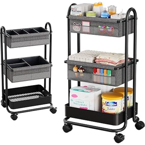 Baby Diaper Caddy Organizer Cart - 3 Tier Rolling Storage Cart with Wheels, Baby Essentials for Nursery Storage, Detachable Dividers - for Crib, Bedroom, Art & Craft Organizer (Dark Grey)