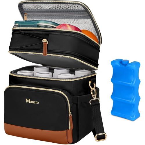 Mancro Expandable Bottle Cooler Bag Fits 6 Bottles Up to 9oz, Double Layer Breastmilk Cooler Bag with Ice Pack, Leakproof Breast Milk Cooler Travel Bag with Stroller Strap for Nursing Moms, Black