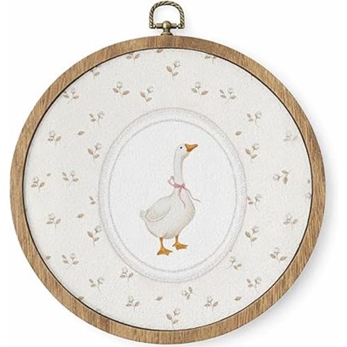 HYKDFMNCJ Coquette Pink Bow Goose Floral Round Framed Wall Art, Neutral Rustic Flower Goose Wall Hanging Canvas Prints Artwork Decorations for Girls Room Nursery Playroom, 10x10 Inch