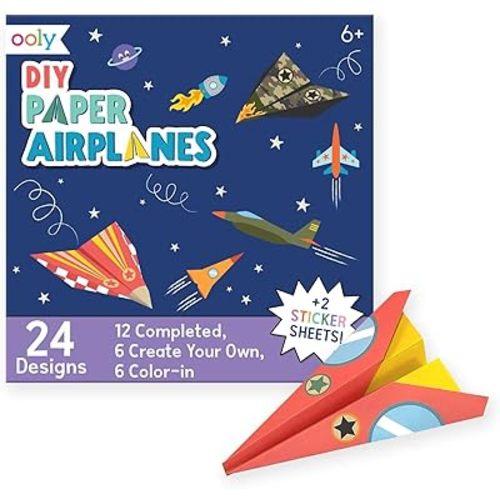 Ooly DIY Paper Airplane Book, 24 Paper Planes & Stickers, Kit Includes 12 Completed, 6 Blank and 6 Color-in Planes, Great Summer Crafts Activities for Boys and Girls