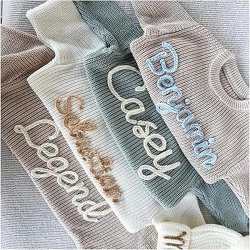 Personalized Baby Knit Sweater with Name, Custom Baby Sweater with Hand-Embroidered Name and Monogram, Customized Sweater for Baby Boy Girl, Newborn Gift, Birthday Gift Off-White