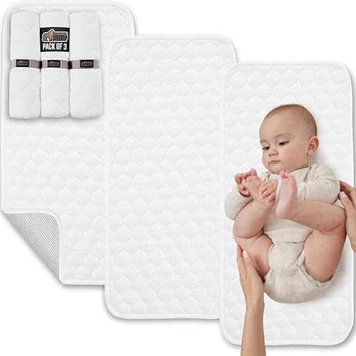 Gorilla Grip 3 Pack Soft 100% Waterproof Hypoallergenic Absorbent Baby Changing Liners, Stay in Place Pad, Slip Resistant, Quilted Machine Washable Reusable Liner Pads, Diaper Table Mat Cover, White
