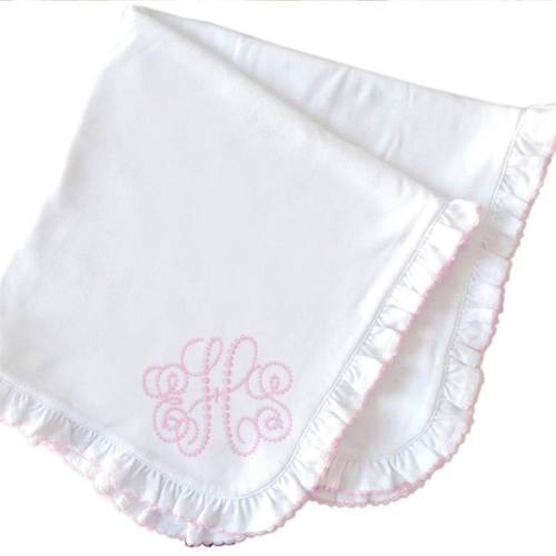 Monogrammed Baby Blanket Pink Stitching Ruffle Coming Home Blanket for Baby Girl Monogrammed Pima Cotton