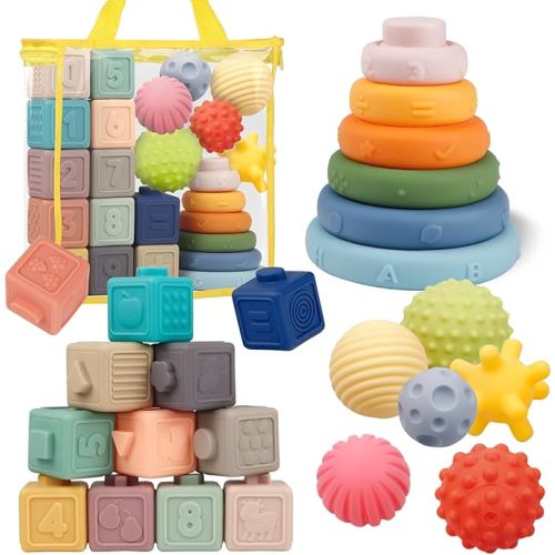 Montessori Toys for Babies,Soft Stacking Building Blocks Rings Balls Sets,3 in 1 Baby Toy Bundle,Sensory Toy for Kids, Soft Teething Toys for Babies,Baby Gifts for Boy Girl