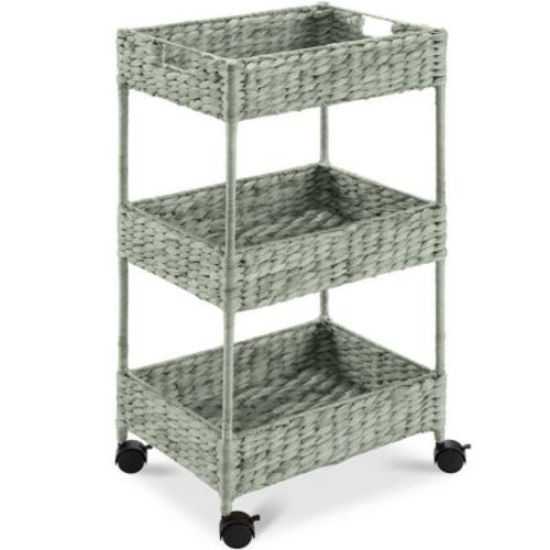 Best Choice Products 3-Tier Water Hyacinth Rolling Nursery Caddy w/ Wheels, Utility Cart, Storage Organization - Sage