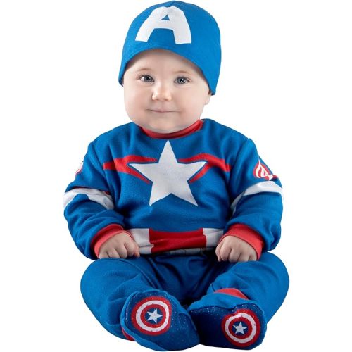 Marvel Captain America Official Infant Halloween Costume - Premium Minky Fabric Jumpsuit and Non-Slip Booties