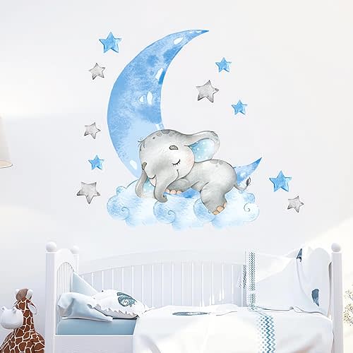 Cute Blue Sleeping Baby Elephant Wall Stickers, sacinora Moon and Stars DIY Art Wall Decals Removable Vinyl Peel and Stick for Kids Baby Boys Nursery Bedroom Toddler Room Decorations