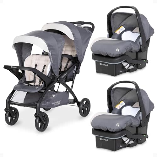 Baby Trend Sit N' Stand Double Stroller with 2 EZ-Lift Car Seats, Magnolia | Lightweight Tandem and Travel Stroller with Car Seat System for Toddlers