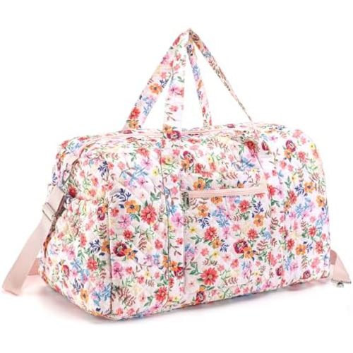Large Quilted Travel Duffle Bag for Women Floral Portable Gym Weekender Bag with Zipper Pockets Workout Grocery Pouch Duffle Gift Pouch for Work(Pink Floral)