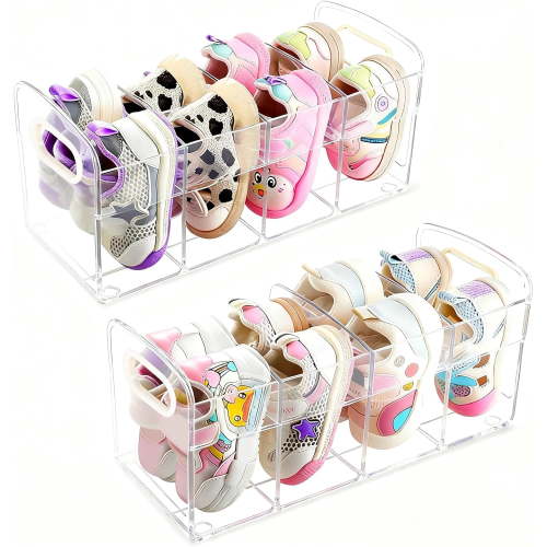 Clear Acrylic Kids Shoe Rack for Closet, Baby Shoe Organizer and Storage, 4 Sections Toddler Shoe Storage Organizer for Closet, Desk File Sorter Book Purse Organizers (2 Pcs)