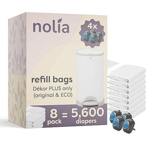 Nolia Refills for Dekor Plus Diaper Pail – 8 Pack Holds 5,600 Diapers – Fresh Powder Scent Bags – Leak & Tear Resistant – Includes 4 Bonus Scented Fresh Packs