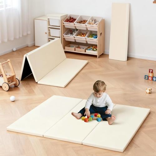 Baby Play Mat - Waterproof PU Leather Foldable Foam Floor Mat - Non-Slip Tri-Fold Floor Gym Mat - 47.6 x 47.6 Inches - Tummy Time Play Mat for Infants, Toddlers, and Preschoolers (Beige)