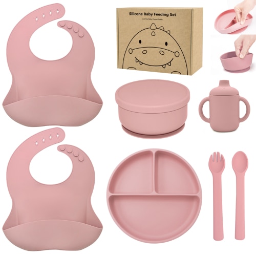 Benoxine Silicone Baby Feeding Set,Baby Led Weaning Set, 7Pcs-BPA Free,100% Food-Grade Silicone,Pink, 6M+
