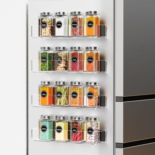 Lumanman 4 Pack Acrylic Spice Racks for Refrigerator and Oven, Magnetic Fridge Organizers and Storage, Clear