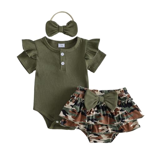 fhutpw Newborn Baby Girl Clothes Ribbed Sleeve Romper Top Leopard Ruffle Shorts Bow Headband Infant Summer Outfits 0-18M