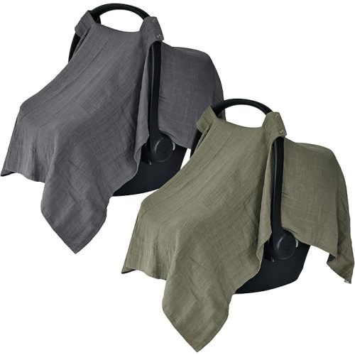 Car Seat Cover Baby - Organic Muslin Cotton - Carseat Canopy - 43" x 32" 2-Pack (Sage Green/Soft Grey)