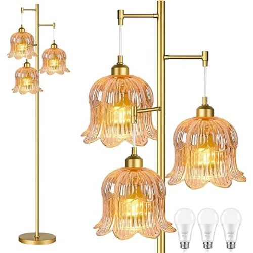 Glass Floor Lamp for Living Room,Bedroom,Mid Century Modern Standing Lamp Brass Tree 3 Light Tall Floor Lamps Vintage Floor Lights Gold Tulip Flower Lamp Shade Farmhouse Boho Bohemian