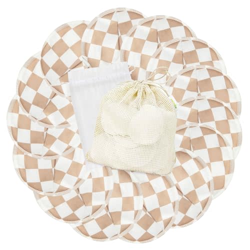wegreeco Nursing Breast Pads (14 Pack) + Laundry Bag & Travel Storage Bag, 4.7 inch - Washable & Reusable Breastfeeding Nursing Pads (Light Coffee Checkerboard, Large, Contoured Shape)