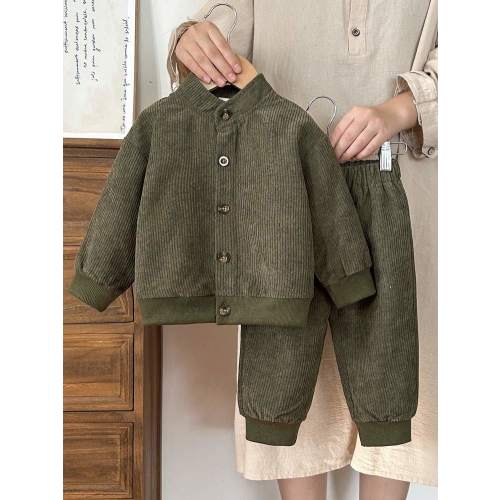 Vintaside Kids Babyboy Infant/Toddler Boys Autumn/Winter Stand Collar Long Sleeve Fashionable High-End Shirt Paired With Versatile Casual Pants Set, Suitable For Home Leisure, Mild Weather Outdoor, Family Gatherings | SHEIN USA
