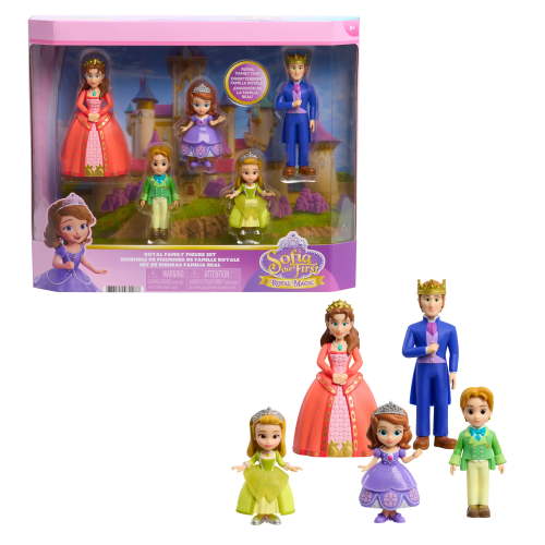 Disney Jr. Sofia the First Royal Family Figure Set, 5-Piece Kids Figure Set with Princess Sofia, Princess Amber, Prince James, King Roland II, and Queen Miranda