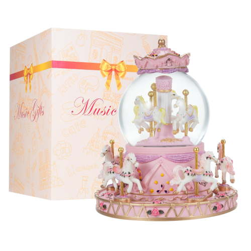 Music Rotating Carousel Music Box Crystal Ball Light-up Snow Globe Wind-up Musical Box Colorful Lights Cute Little Horses Girls Festival Birthday Gift