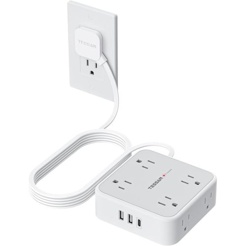 TESSAN Surge Protector Power Strip, 10 Ft Flat Plug Extension Cord with 3 USB (1 USB C) 8 Outlets, 1250W, 900J Protection, 3 Sided Outlet Extender with Power Switch for Office, Dorm Room, Grey