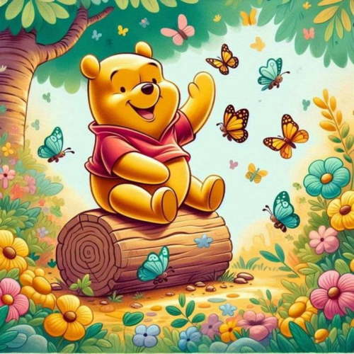 Winnie The Pooh Flowers Butterflies Pattern DIY Diamond Art Painting Kit, Round Diamond, Mosaic Art Craft, Suitable For Beginners, Home Wall Decoration, Unique Gift
