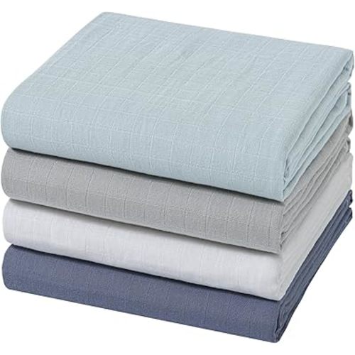 Muslin Swaddle Blankets for Boys & Girls, Newborn Receiving Blankets, 4 Pack Soft Breathable Baby Swaddles, Large 47x47 Inches, Grey Blue White Green