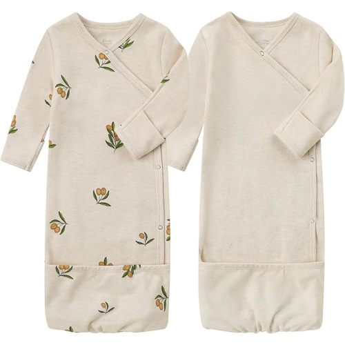 O2 BABY 100% Organic Cotton Kimono Gown with Mittens & Fold-Over Pouch