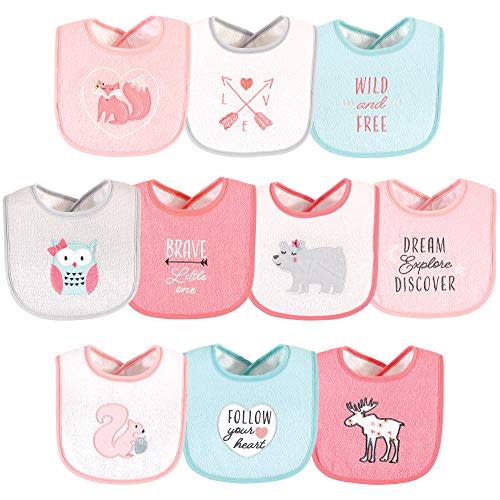 Hudson Baby Unisex Baby Cotton Terry Drooler Bibs with Fiber Filling, Girl Woodland, One Size