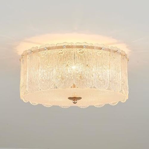 15” Textured Glass Semi Flush Mount Ceiling Light Classic Crystal Brass Chandelier Modern Luxury Ceiling Lighting Fixtures for Kitchen Bedroom Living Dining Room, UL Listed