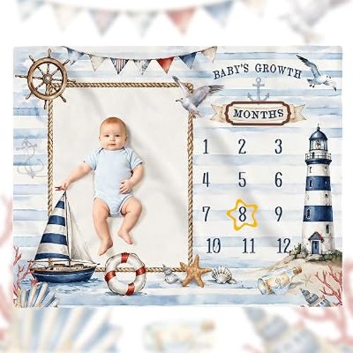Nautical Baby Monthly Growth Milestone Blanket, Lighthouse Sailboat Anchor Seagull Design Months Growth Chart Photo Prop, Blanket for Newborn Baby Shower 50×40 Inch
