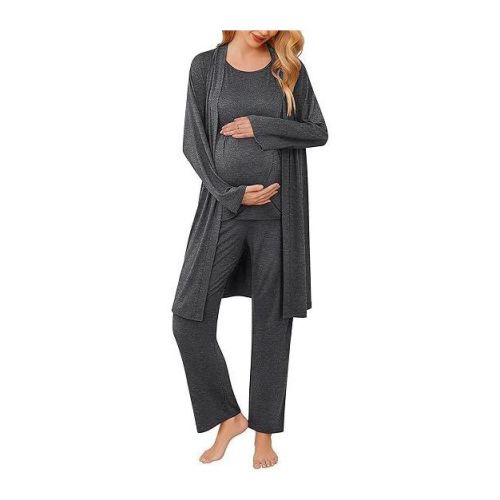 Ekouaer Maternity Nursing Robe Set 3 Pieces Sleeveless Top, Pregnancy Pants & Robe Double Layer Pajamas S-XXL Dark Gray M
