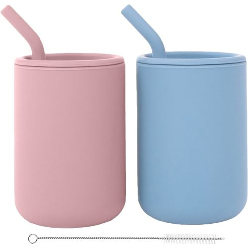 WeeSprout Silicone Baby Cups With Straws and Lids, 4 & 8 oz Options, Set of 2, Food Grade Toddler Training Container, Built In Straw Stoppers, Measurement Markings, Dishwasher Safe + Straw Cleaner