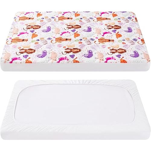 TILLYOU Pack and Play Sheet - Soft Quilted Crib Cover Pad, Toddlers Mattress Protector with 1''-3'' Deep Pocket, Thick Play Yard Playpen Sheets, Crib Mattress Pad 39"x27", Animal Graffiti
