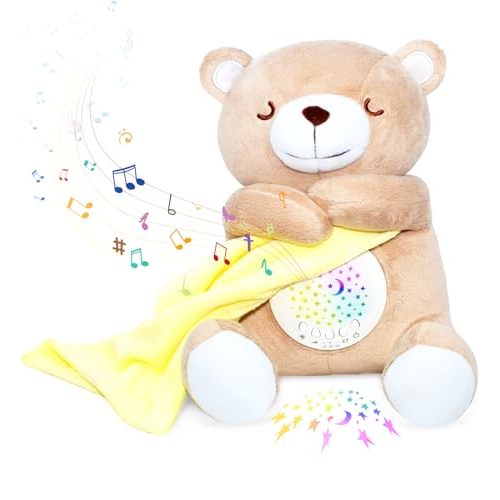 Baby Sleep Soother, Cry Activated Sensor Teddy Bear Lullabies & Mom Heartbeat, Nursery Toddler Star Night Light Projection Sleep Aid, Unique Girl, Baby boy and New Baby Gifts