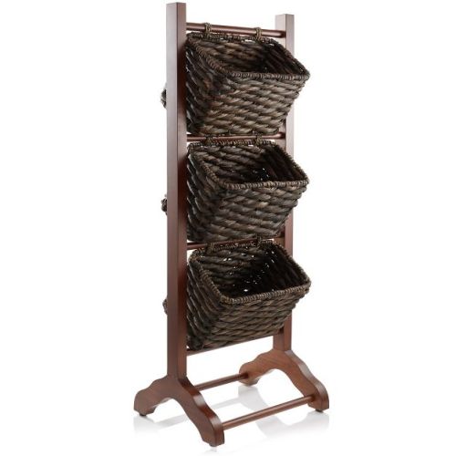 Casafield 3-Tier Floor Stand with Hanging Storage Baskets, Walnut/Espresso - Wood Tower Rack for Bathroom, Kitchen, Laundry, Living Room