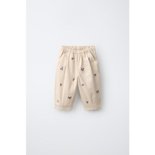 Floral Embroidered Baggy Twill Pants - Ecru | ZARA United States