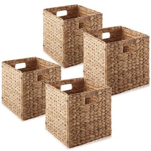 Casafield 10.5" x 10.5" Water Hyacinth Storage Baskets, Cinnamon - Set of 4 Collapsible Cubes, Woven Bin Organizers for Bathroom, Bedroom, Laundry