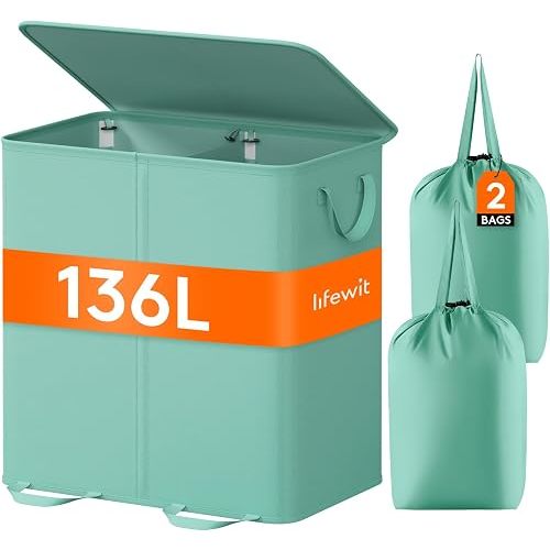 Lifewit Double Laundry Hamper with Lid and Removable Laundry Bags, Large Collapsible 2 Dividers Dirty Clothes Basket with Handles for Bedroom Laundry Room Closet Bathroom College, 136L Sage Green